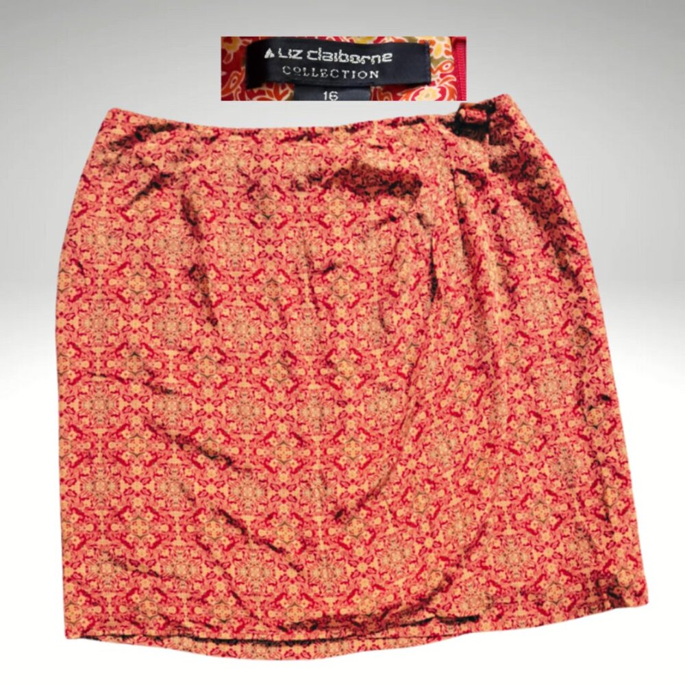 Liz Claiborne collection patterned silk red and orange mock wrap skirt, sz 16
